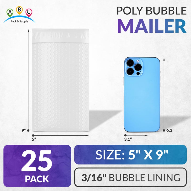 ABC PACK & SUPPLY White Poly Bubble Mailers, 5 x 9 Inches. Pack of 25 Padded Envelopes Self Seal. Cushioning Plastic Bubble Envelopes. Self-Adhesive Padded Shipping Bags for Small Business - Image 2